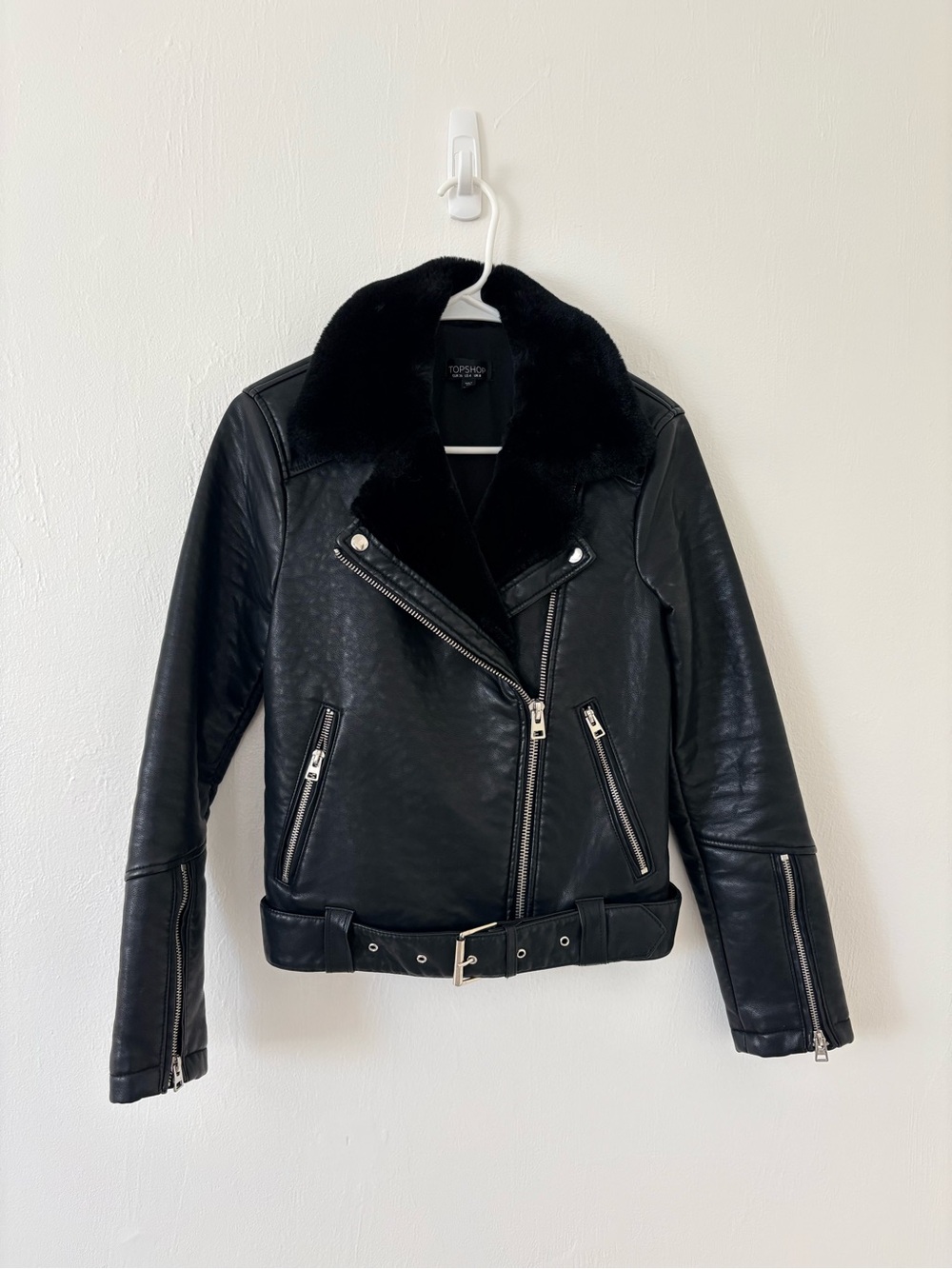 Topshop Black vegan Faux Leather Biker Jacket with Faux Fur Collar
